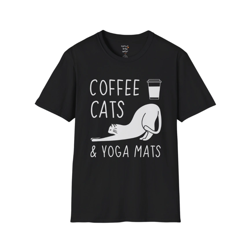 Black Coffee Cats T-Shirt with coffee, cats and yoga mats graphic. Bold, easy-wear tee for cat lovers and yoga lifestyle.