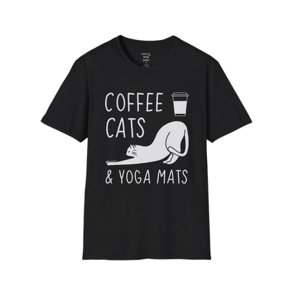 Black Coffee Cats T-Shirt with coffee, cats and yoga mats graphic. Bold, easy-wear tee for cat lovers and yoga lifestyle.