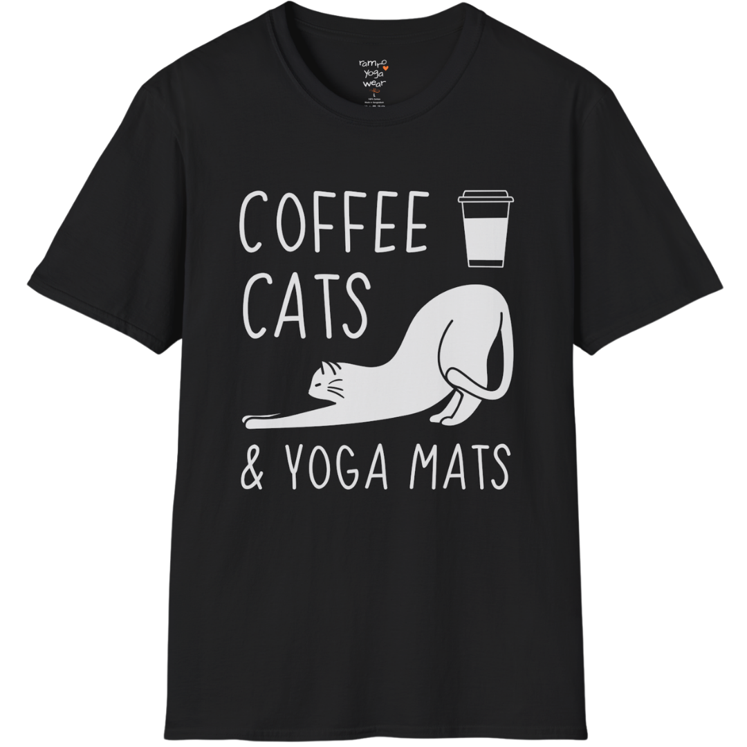 Cat illustration with "Coffee Cats & Yoga Mats" typography on Black tee — The Vault collection by Ramro Yoga Wear