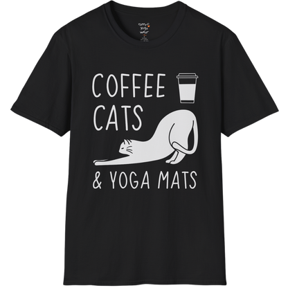 Cat illustration with "Coffee Cats & Yoga Mats" typography on Black tee — The Vault collection by Ramro Yoga Wear