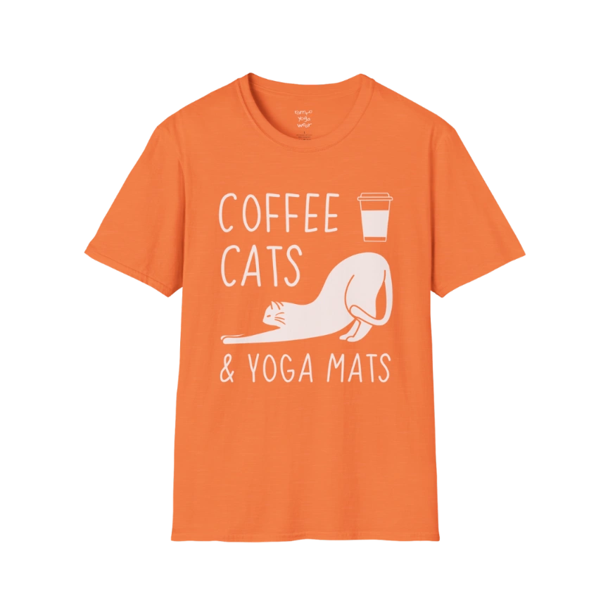 Heather Orange Coffee Cats T-Shirt with coffee, cats and yoga mats graphic. Fun, relaxed tee for cat lovers and yoga fans.