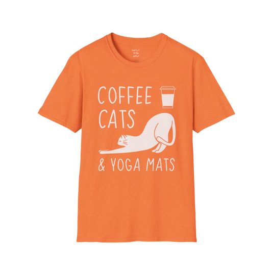 Heather Orange Coffee Cats T-Shirt with coffee, cats and yoga mats graphic. Fun, relaxed tee for cat lovers and yoga fans.