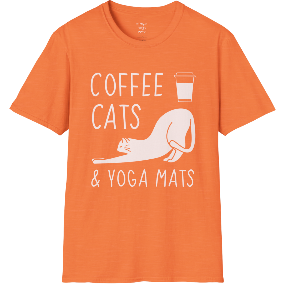 Cat illustration with "Coffee Cats & Yoga Mats" typography on Heather Orange tee — The Vault collection by Ramro Yoga Wear