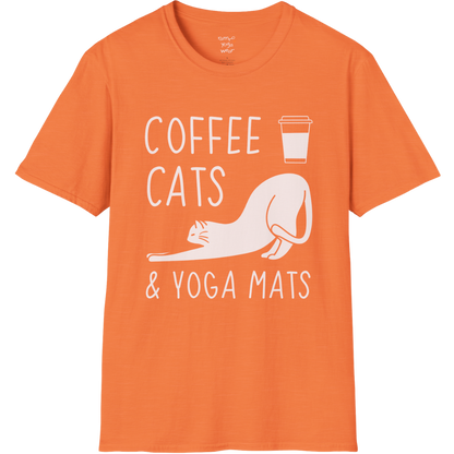 Cat illustration with "Coffee Cats & Yoga Mats" typography on Heather Orange tee — The Vault collection by Ramro Yoga Wear