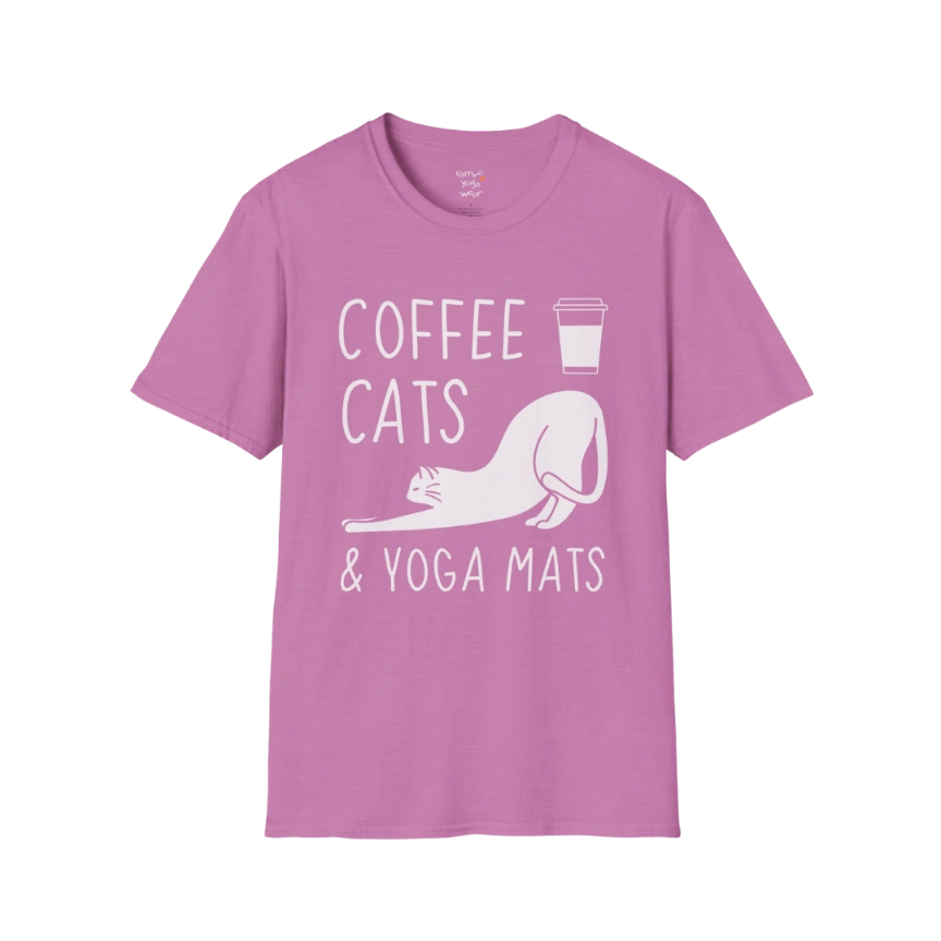 Heather Radiant Orchid Coffee Cats T-Shirt with coffee, cats and yoga mats graphic. Soft, vibrant tee for playful, mindful days.