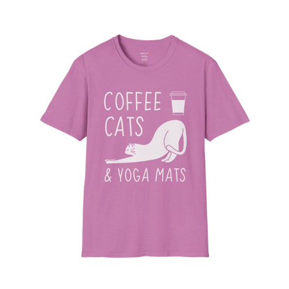 Heather Radiant Orchid Coffee Cats T-Shirt with coffee, cats and yoga mats graphic. Soft, vibrant tee for playful, mindful days.