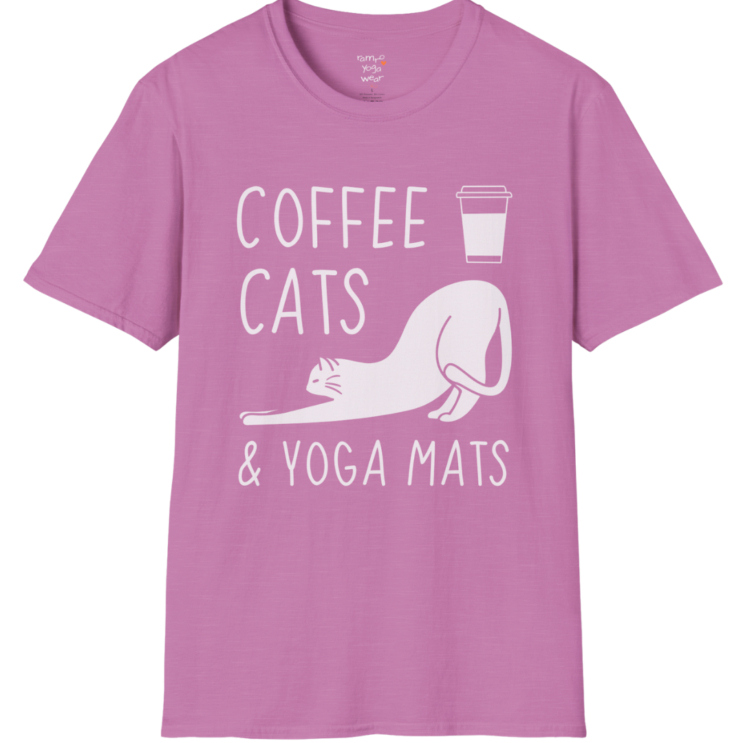 Cat illustration with "Coffee Cats & Yoga Mats" typography on Heather Radiant Orchid tee — The Vault collection by Ramro Yoga Wear