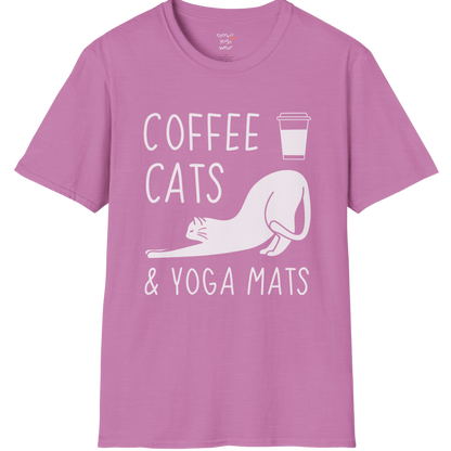 Cat illustration with "Coffee Cats & Yoga Mats" typography on Heather Radiant Orchid tee — The Vault collection by Ramro Yoga Wear