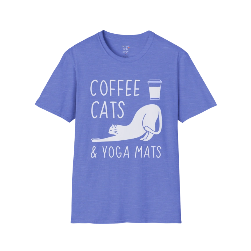 Heather Royal Coffee Cats T-Shirt with coffee, cats and yoga mats graphic. Comfortable everyday tee for cat lovers and mindful living.