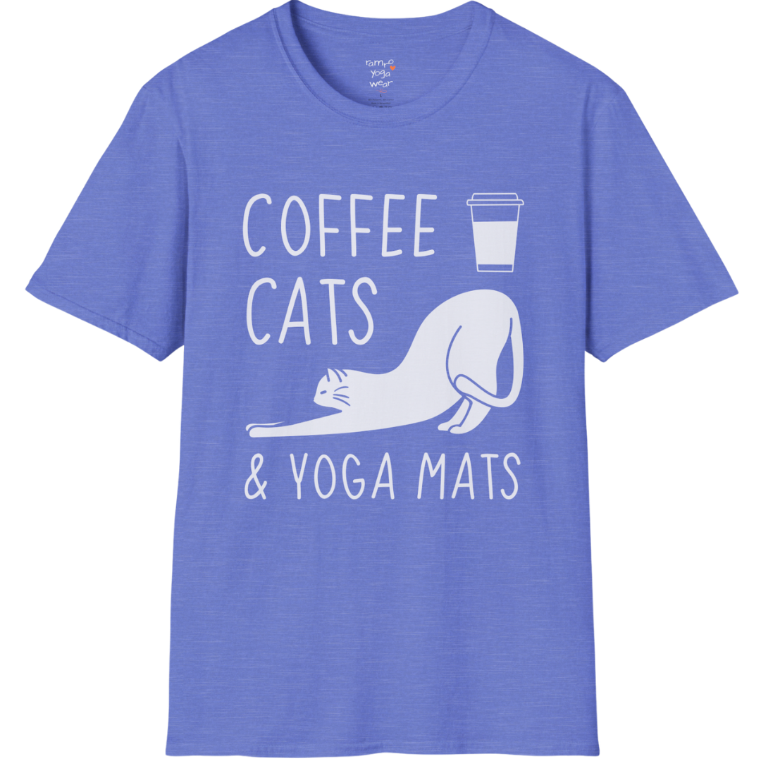 Cat illustration with "Coffee Cats & Yoga Mats" typography on Heather Royal tee — The Vault collection by Ramro Yoga Wear