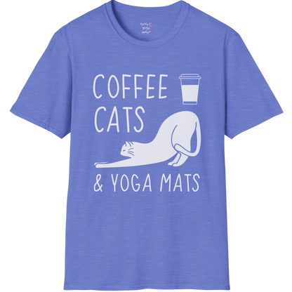 Cat illustration with "Coffee Cats & Yoga Mats" typography on Heather Royal tee — The Vault collection by Ramro Yoga Wear