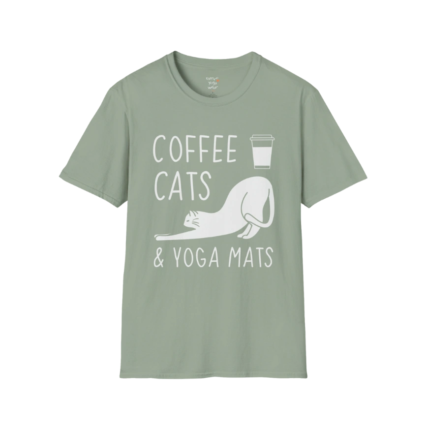 Sage Coffee Cats T-Shirt with coffee, cats and yoga mats graphic. Calm, earthy tee for relaxed mornings and cozy routines.