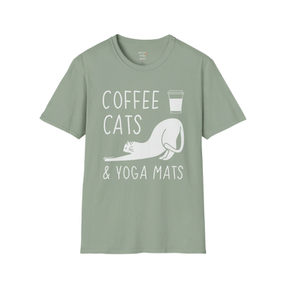 Sage Coffee Cats T-Shirt with coffee, cats and yoga mats graphic. Calm, earthy tee for relaxed mornings and cozy routines.
