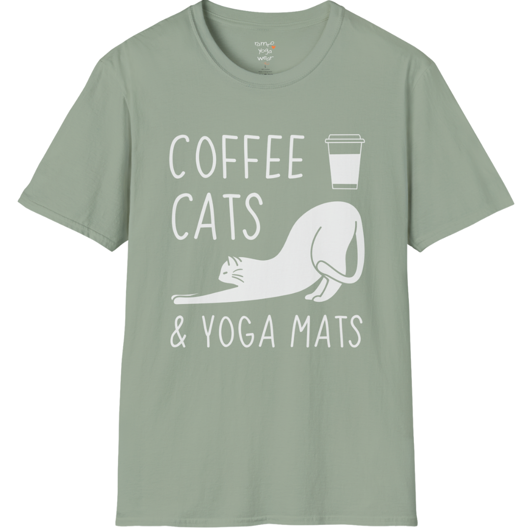Cat illustration with "Coffee Cats & Yoga Mats" typography on Sage tee — The Vault collection by Ramro Yoga Wear