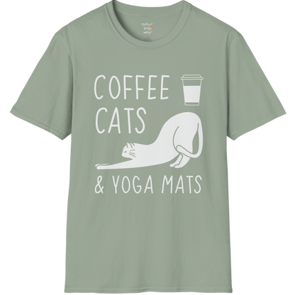 Cat illustration with "Coffee Cats & Yoga Mats" typography on Sage tee — The Vault collection by Ramro Yoga Wear