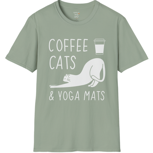Cat illustration with "Coffee Cats & Yoga Mats" typography on Sage tee — The Vault collection by Ramro Yoga Wear