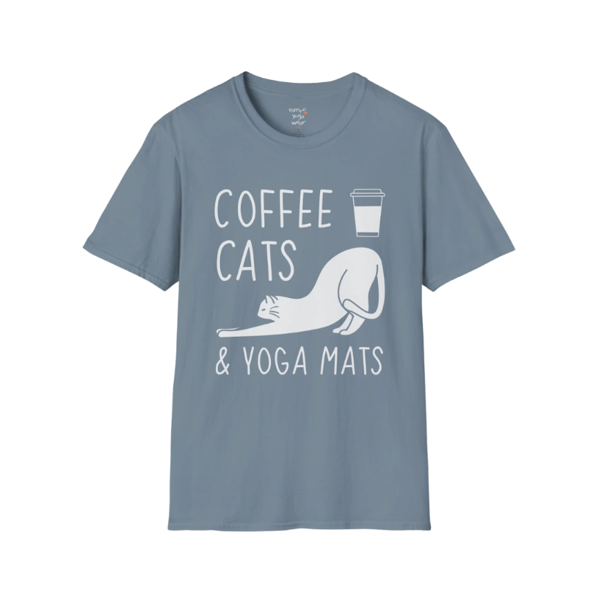Stone Blue Coffee Cats T-Shirt with coffee, cats and yoga mats graphic. Relaxed tee for everyday wear, yoga, and cat lovers.