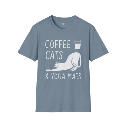 Stone Blue Coffee Cats T-Shirt with coffee, cats and yoga mats graphic. Relaxed tee for everyday wear, yoga, and cat lovers.