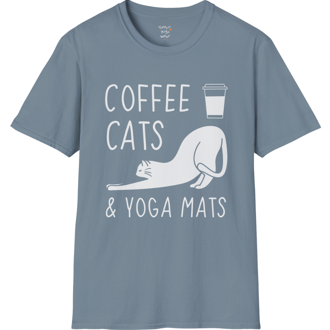 Cat illustration with "Coffee Cats & Yoga Mats" typography on Stone Blue tee — The Vault collection by Ramro Yoga Wear