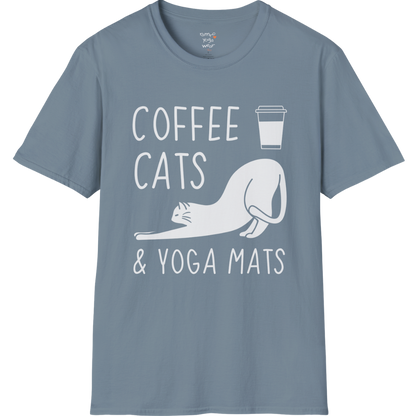 Cat illustration with "Coffee Cats & Yoga Mats" typography on Stone Blue tee — The Vault collection by Ramro Yoga Wear