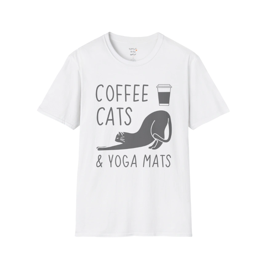White Coffee Cats T-Shirt with coffee, cats and yoga mats graphic. Clean, minimal tee for a light and easy lifestyle look.