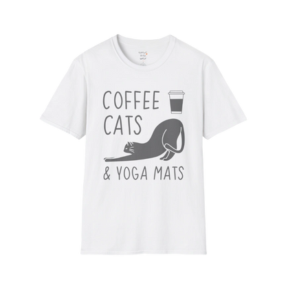 White Coffee Cats T-Shirt with coffee, cats and yoga mats graphic. Clean, minimal tee for a light and easy lifestyle look.