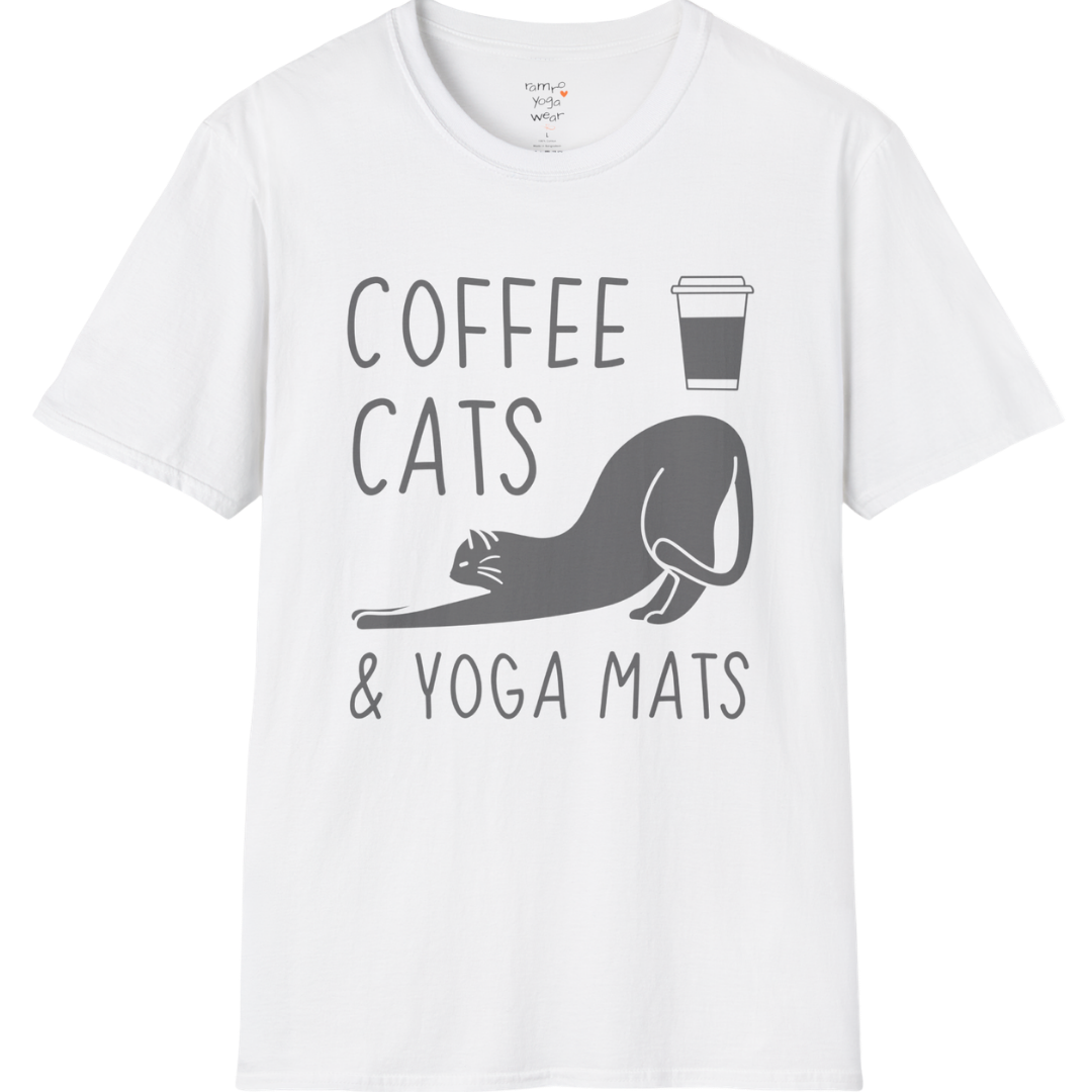 Cat illustration with "Coffee Cats & Yoga Mats" typography on White tee — The Vault collection by Ramro Yoga Wear
