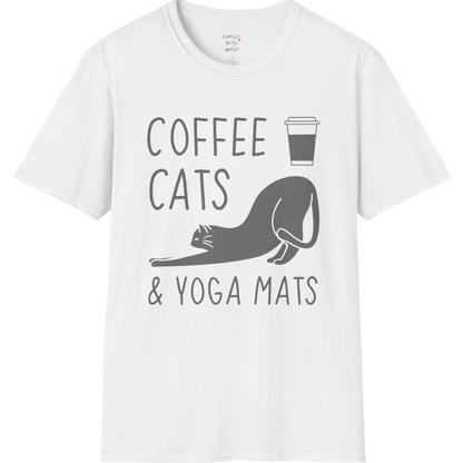 Cat illustration with "Coffee Cats & Yoga Mats" typography on White tee — The Vault collection by Ramro Yoga Wear