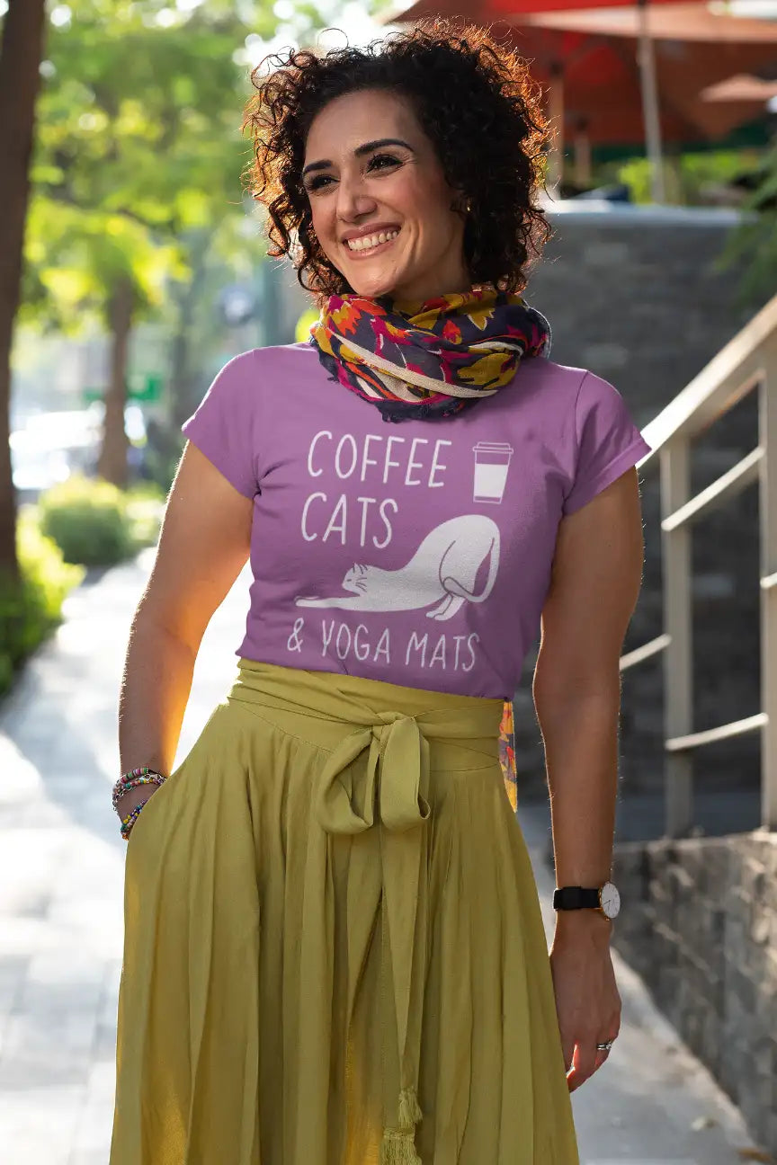 Orchid purple Coffee Cats & Yoga Mats T-Shirt. Playful cat and coffee yoga lover tee.