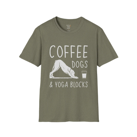 Coffee Dogs T-Shirt in Heather Military Green with cozy yoga and coffee themed graphic.