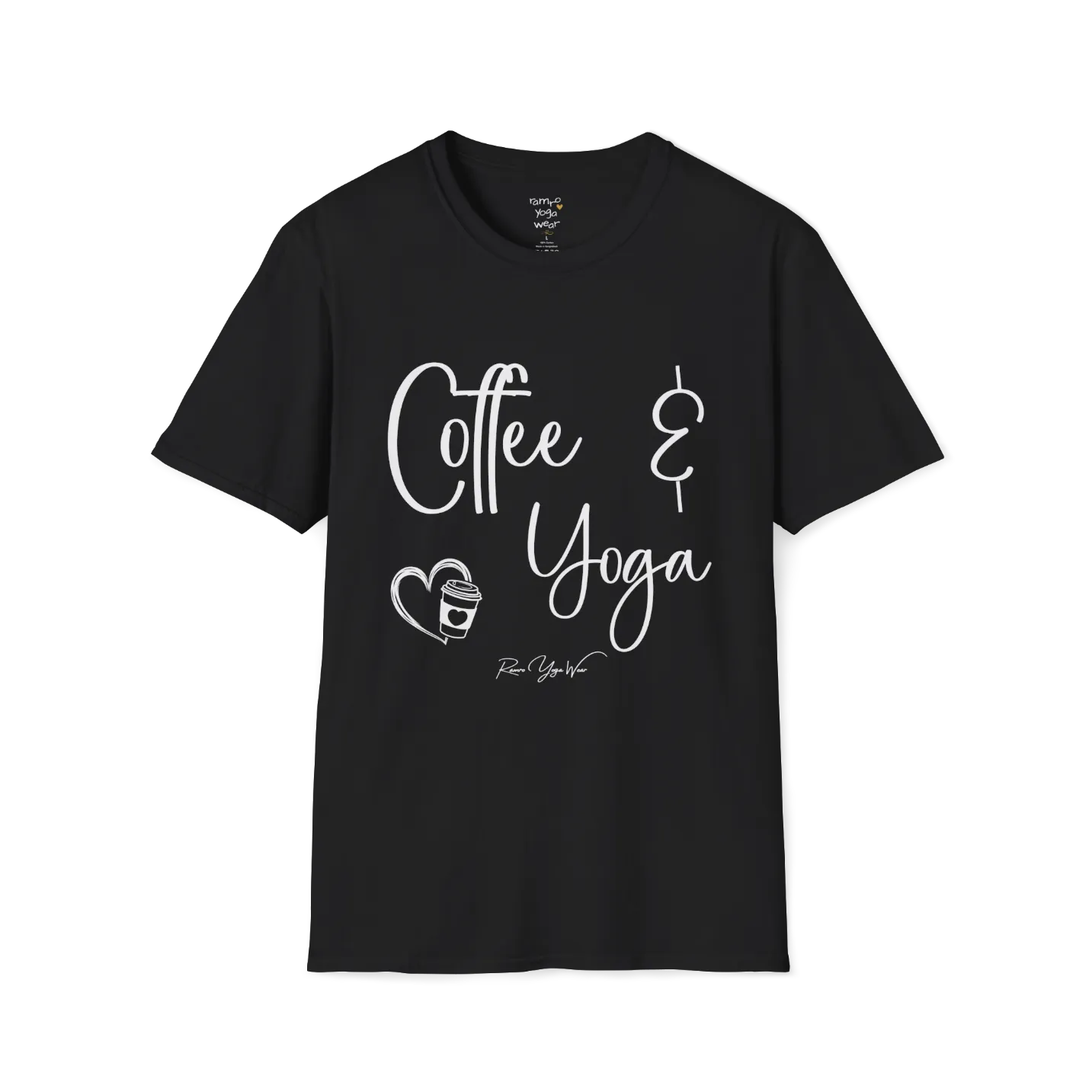 Coffee T-Shirt, "Coffee & Yoga" script design — The Vault collection by Ramro Yoga Wear, Black.