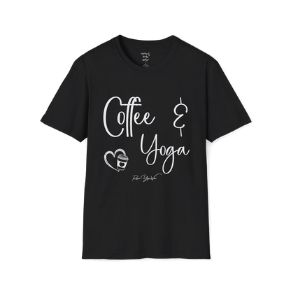 Coffee T-Shirt, "Coffee & Yoga" script design — The Vault collection by Ramro Yoga Wear, Black.