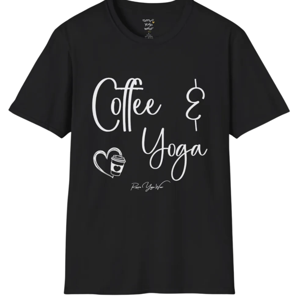 Coffee T-Shirt, "Coffee & Yoga" script design — The Vault collection by Ramro Yoga Wear, Black.