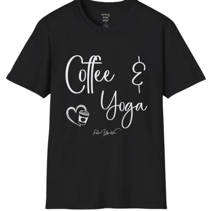 Coffee T-Shirt, "Coffee & Yoga" script design — The Vault collection by Ramro Yoga Wear, Black.