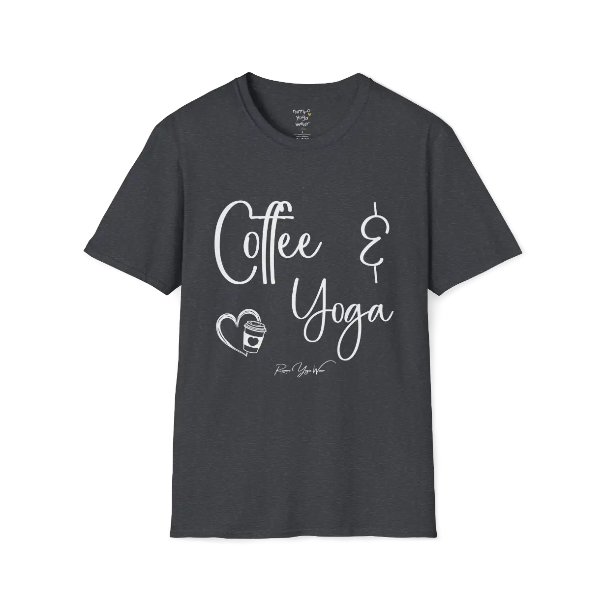 Coffee T-Shirt, "Coffee & Yoga" script design — The Vault collection by Ramro Yoga Wear, Dark Heather Grey.