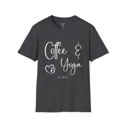 Coffee T-Shirt, "Coffee & Yoga" script design — The Vault collection by Ramro Yoga Wear, Dark Heather Grey.
