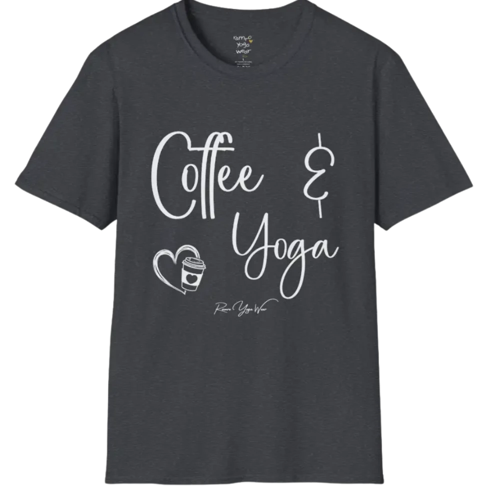 Coffee T-Shirt, "Coffee & Yoga" script design — The Vault collection by Ramro Yoga Wear, Dark Heather Grey.