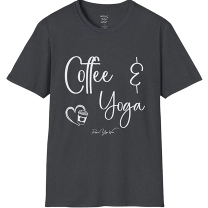 Coffee T-Shirt, "Coffee & Yoga" script design — The Vault collection by Ramro Yoga Wear, Dark Heather Grey.