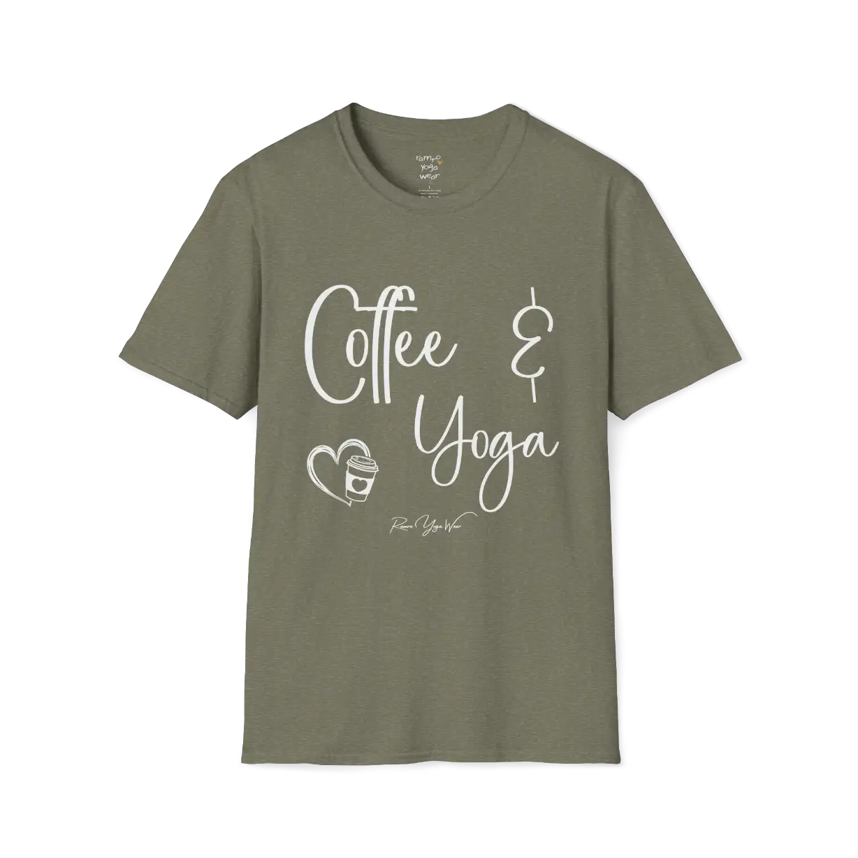 Coffee T-Shirt, "Coffee & Yoga" script design — The Vault collection by Ramro Yoga Wear, Heather Military Green.