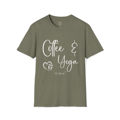 Coffee T-Shirt, "Coffee & Yoga" script design — The Vault collection by Ramro Yoga Wear, Heather Military Green.