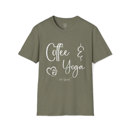 Coffee T-Shirt, "Coffee & Yoga" script design — The Vault collection by Ramro Yoga Wear, Heather Military Green.