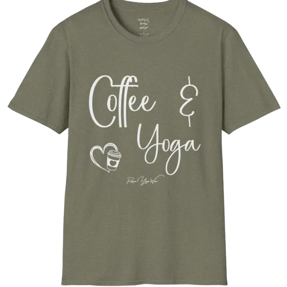 Coffee T-Shirt, "Coffee & Yoga" script design — The Vault collection by Ramro Yoga Wear, Heather Military Green.