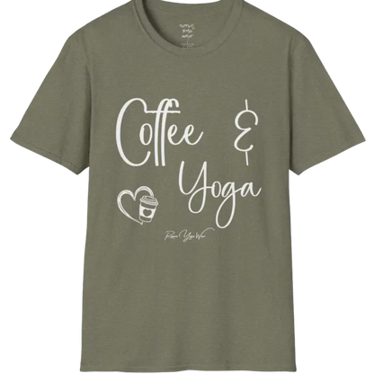 Coffee T-Shirt, "Coffee & Yoga" script design — The Vault collection by Ramro Yoga Wear, Heather Military Green.