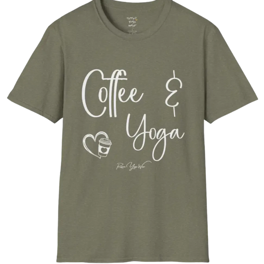 Coffee T-Shirt, "Coffee & Yoga" script design — The Vault collection by Ramro Yoga Wear, Heather Military Green.