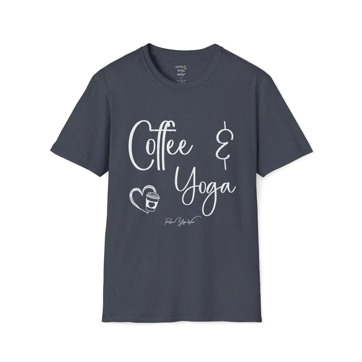 Coffee T-Shirt, "Coffee & Yoga" script design — The Vault collection by Ramro Yoga Wear, Heather Navy.