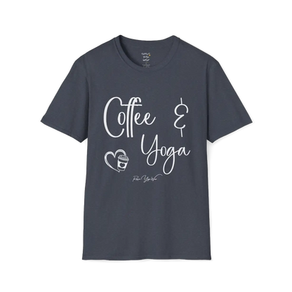 Coffee T-Shirt, "Coffee & Yoga" script design — The Vault collection by Ramro Yoga Wear, Heather Navy.