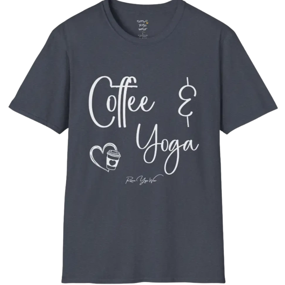 Coffee T-Shirt, "Coffee & Yoga" script design — The Vault collection by Ramro Yoga Wear, Heather Navy.