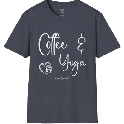 Coffee T-Shirt, "Coffee & Yoga" script design — The Vault collection by Ramro Yoga Wear, Heather Navy.