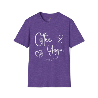 Coffee T-Shirt, "Coffee & Yoga" script design — The Vault collection by Ramro Yoga Wear, Heather Purple.