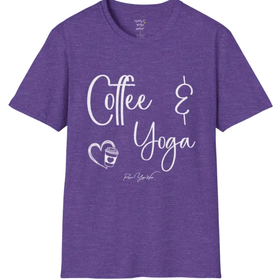 Coffee T-Shirt, "Coffee & Yoga" script design — The Vault collection by Ramro Yoga Wear, Heather Purple.